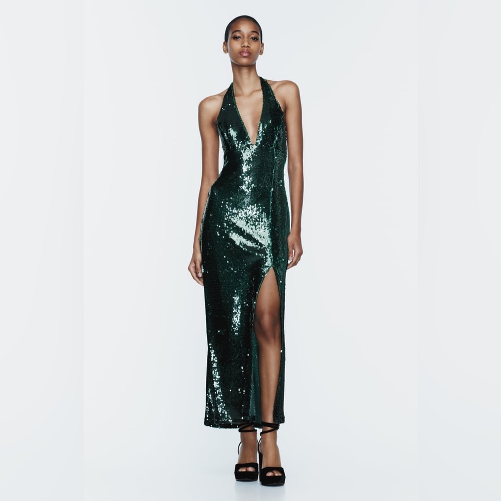 Zara Festive Days SEQUIN HALTER front slit Green Midi Dress Sz.S